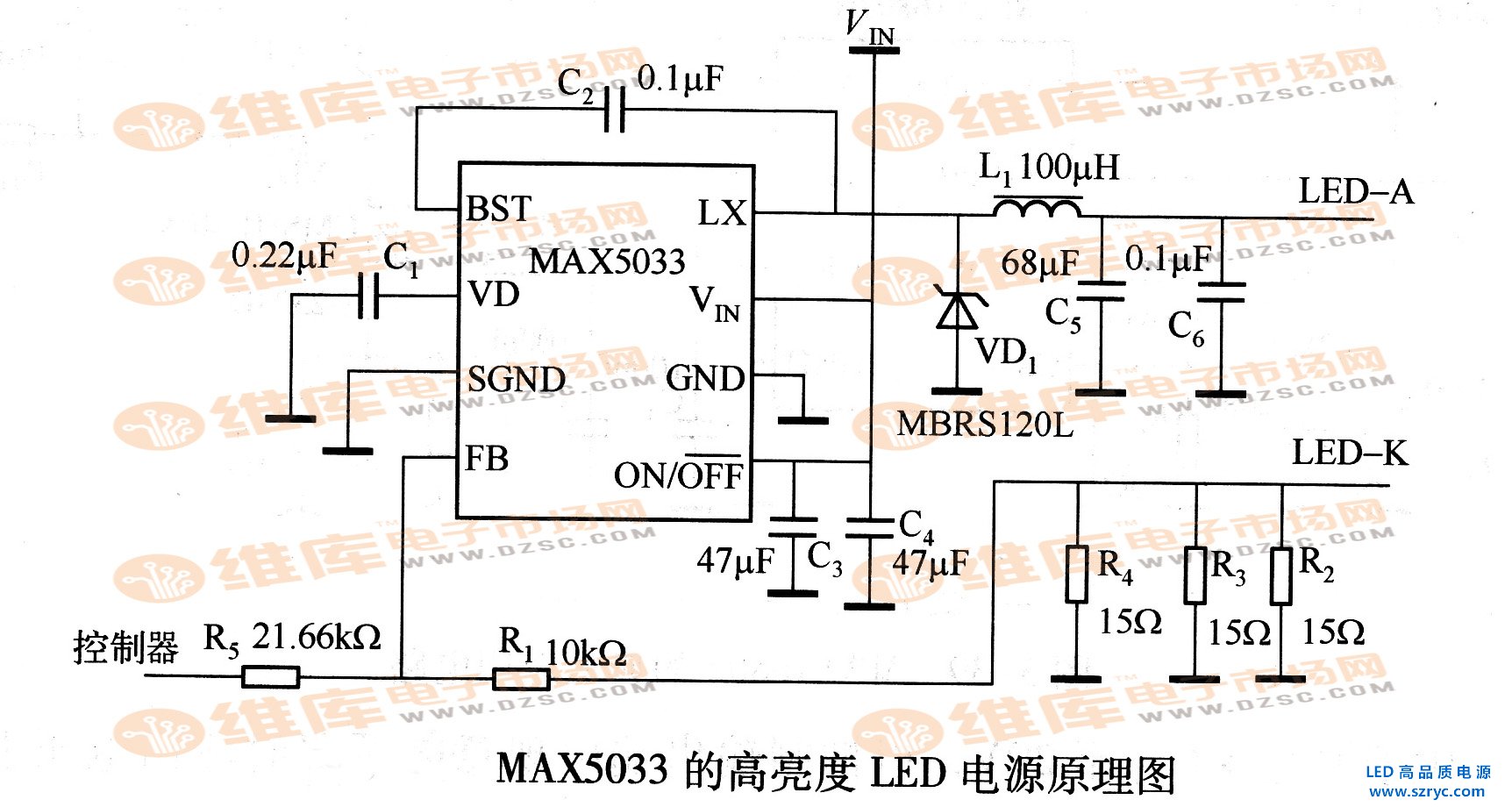 MAX5033的高亮度LED电源原理图