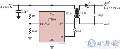 图 1：具主端输出电压检测的 LT8300 反激式转换器